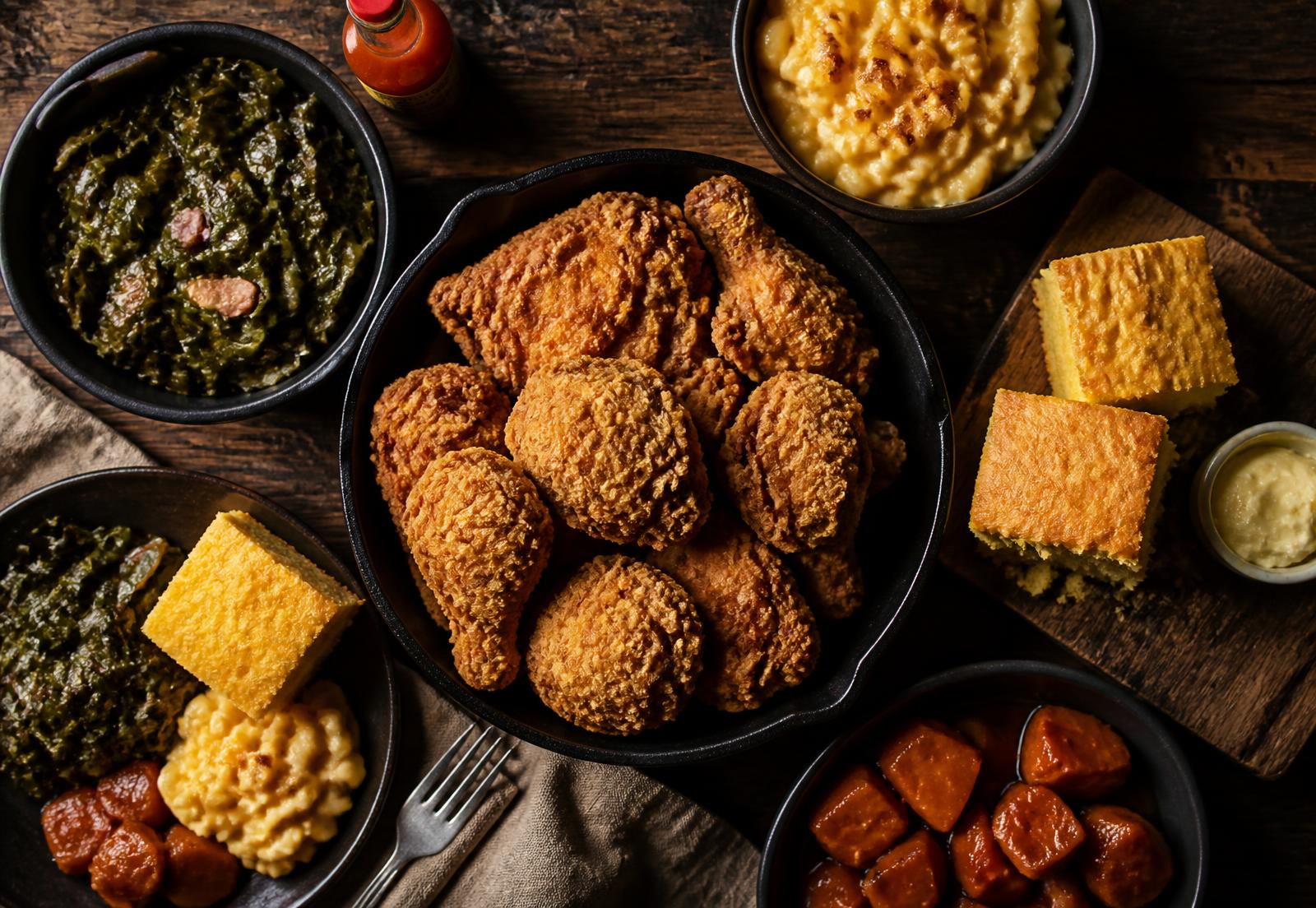 Platters of fried chicken, collard greens, mac and cheese and cornbread
